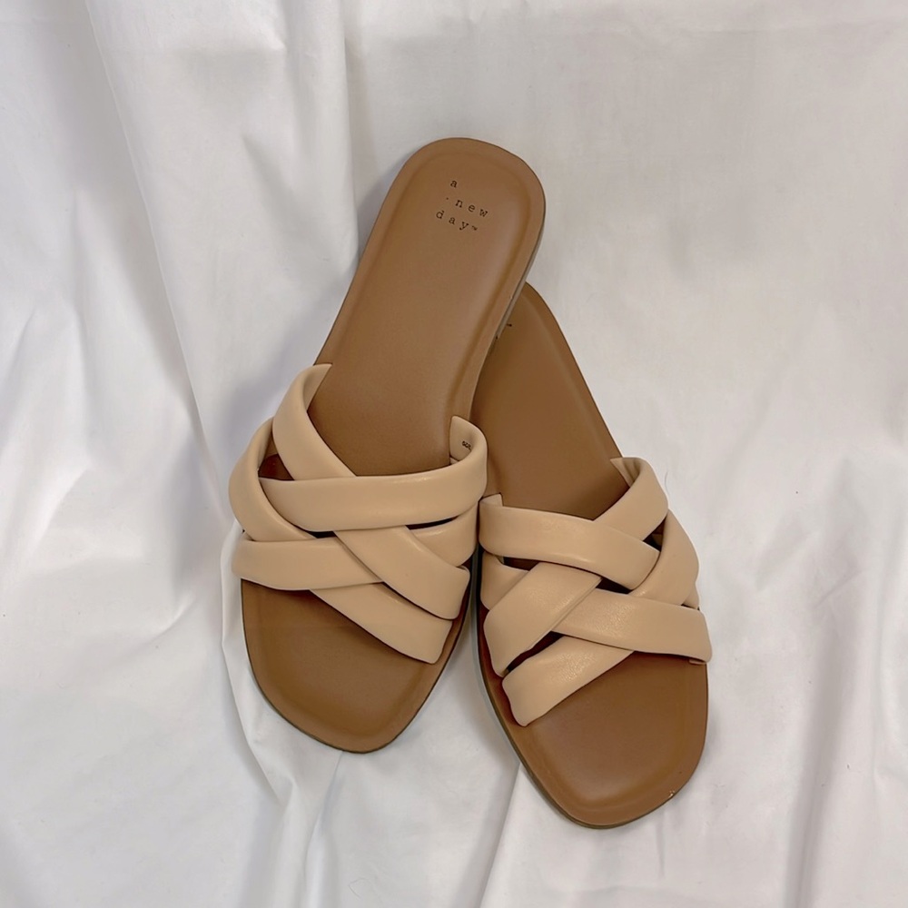 A new day,Tan faux leather crisscross, sandal flats size 9, vegan summer sandals